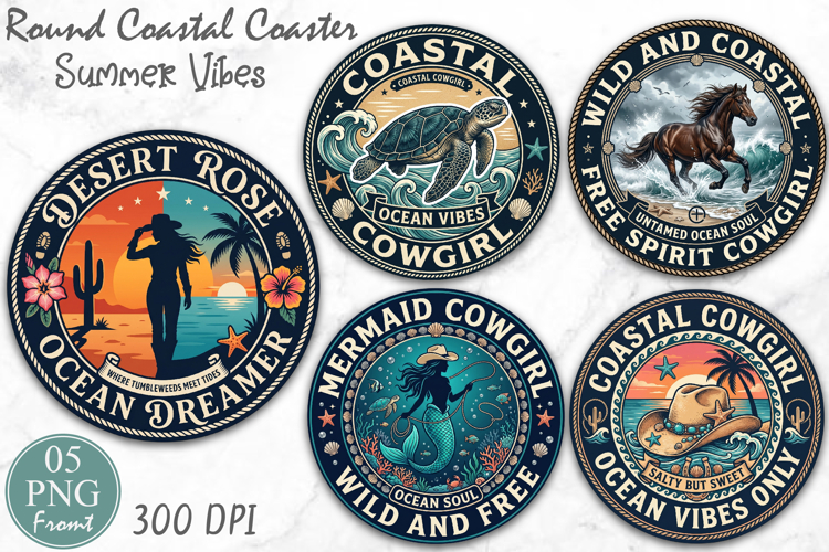 Coastal Cowgirl Sublimation, Round Ocean Vibes PNG Coaster