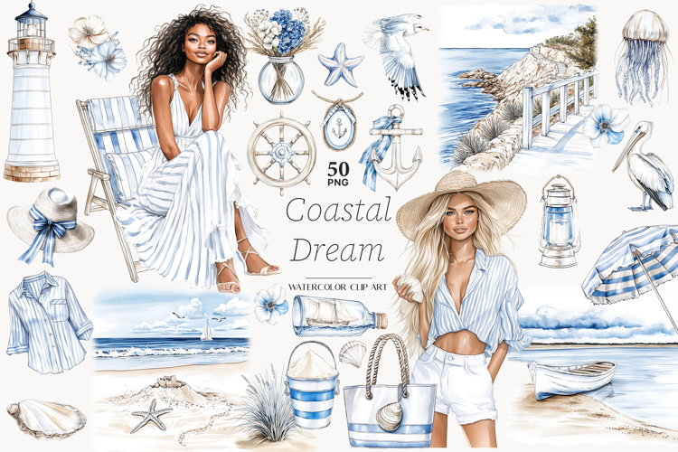 Coastal Girls Clipart | Beach Ocean Nautical Seaside PNG
