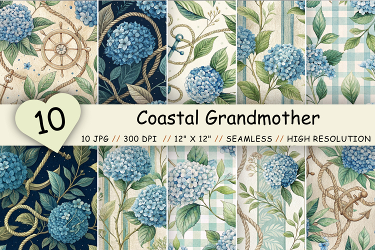 Coastal Grandmother Digital Paper, Seamless Watercolor
