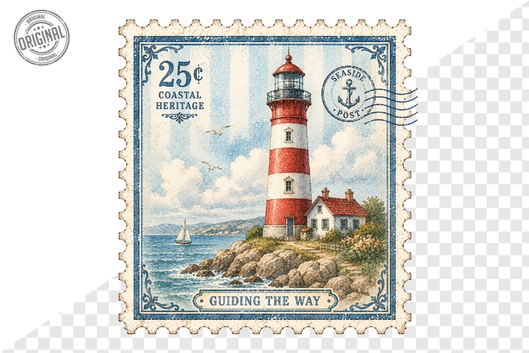 Coastal Heritage Lighthouse Postage Stamp PNG Design