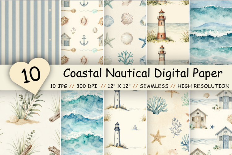 Coastal Nautical Digital Paper Pack, Beach House Seamless