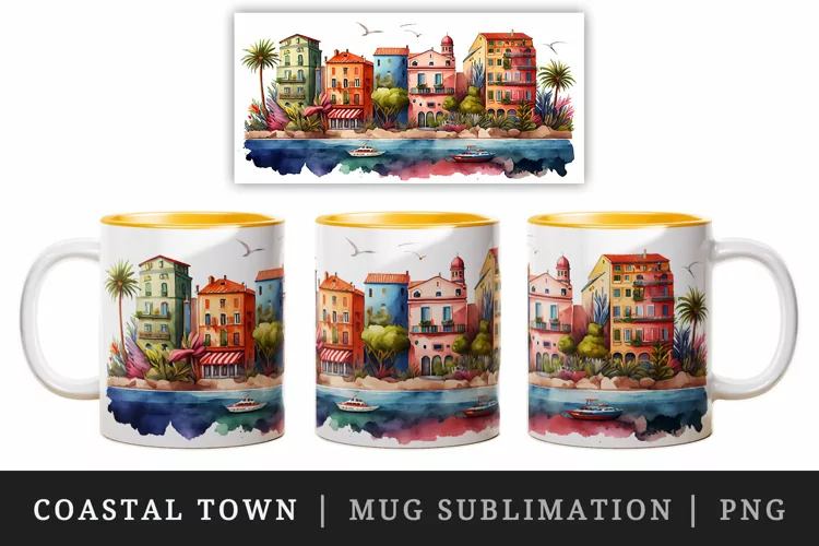 Watercolor coastal town mug, cup wrap sublimation design png