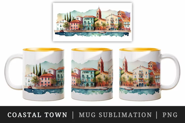 Watercolor coastal town mug, cup wrap sublimation design png