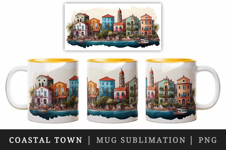 Watercolor coastal town mug, cup wrap sublimation design png
