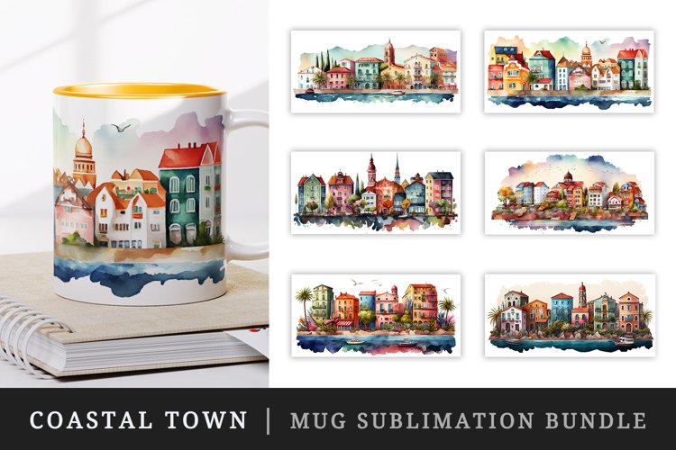 Watercolor coastal town mug wrap sublimation design bundle