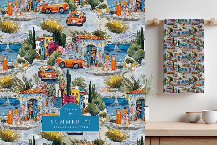 Coastal Village Seamless Pattern Vintage Summer Travel Print