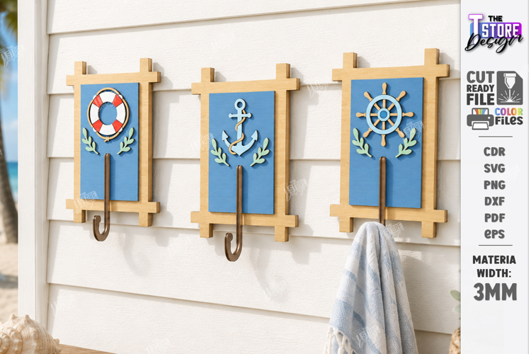 Wooden Coastal Wall Hooks Rack Laser Cut | 3D Layered Ocean