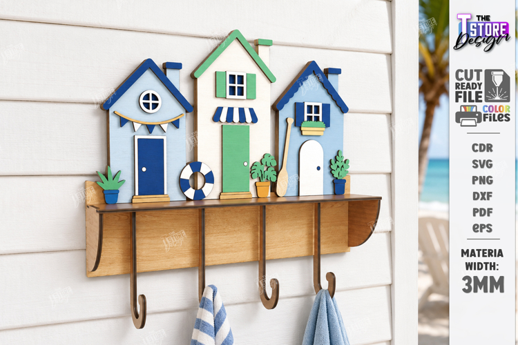 Wooden Coastal Wall Hooks Rack Laser Cut | 3D Layered Ocean