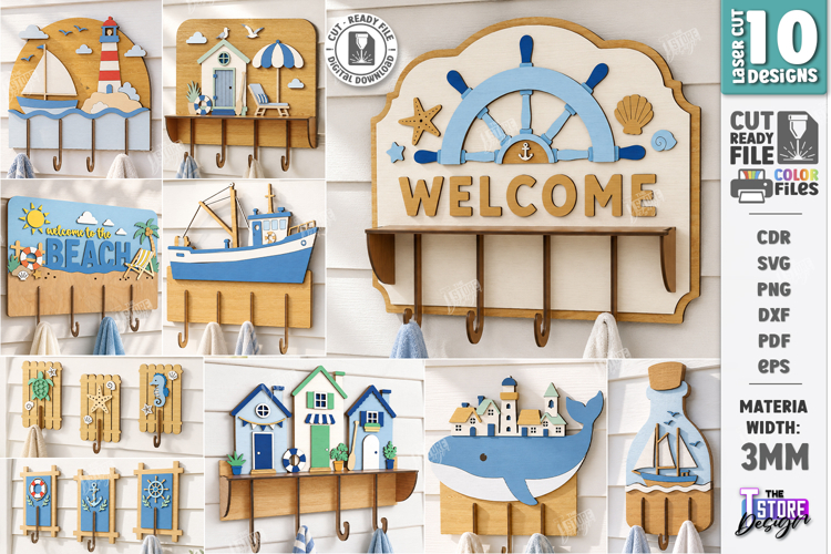 Wooden Coastal Wall Hooks Rack Laser Cut | 3D Layered Ocean