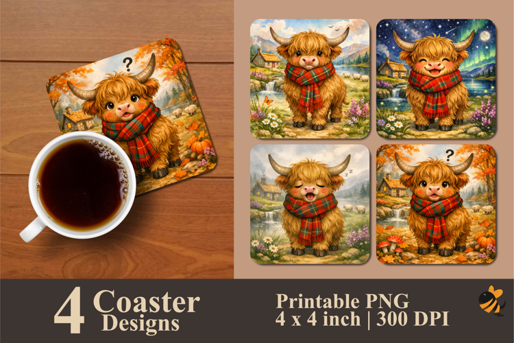 Highland Cow Wearing Scarve Coaster Sublimation Design