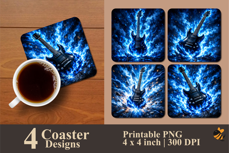 Inferno Blue Guitar Coaster Sublimation Design