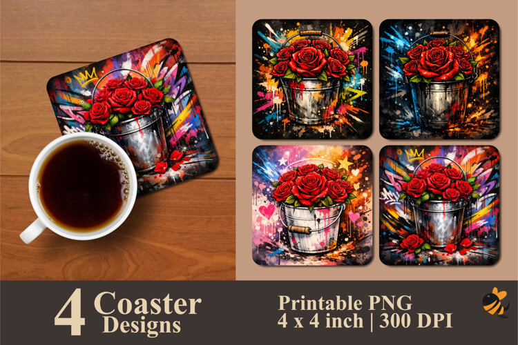 Graffiti Bucket Roses Coaster Sublimation Design example image 1