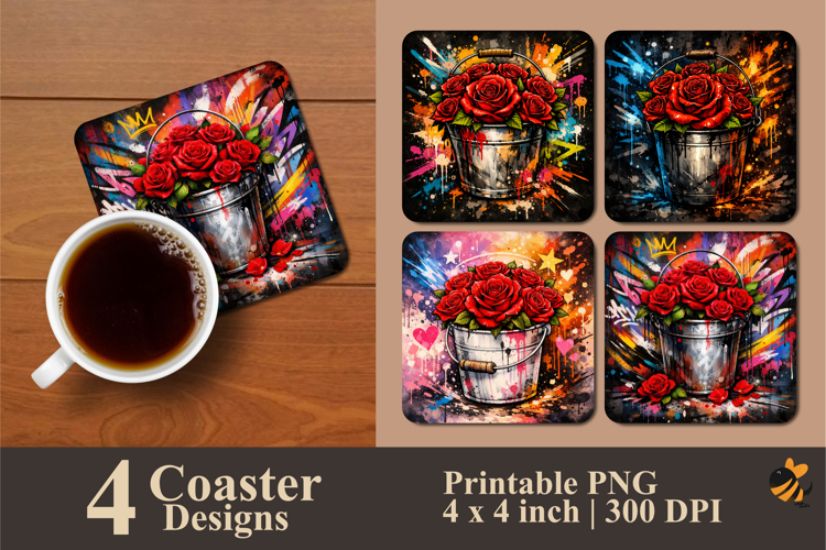 Graffiti Bucket Roses Coaster Sublimation Design
