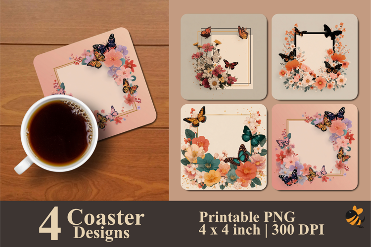 Butterfly Flower Frame Coaster Sublimation Design