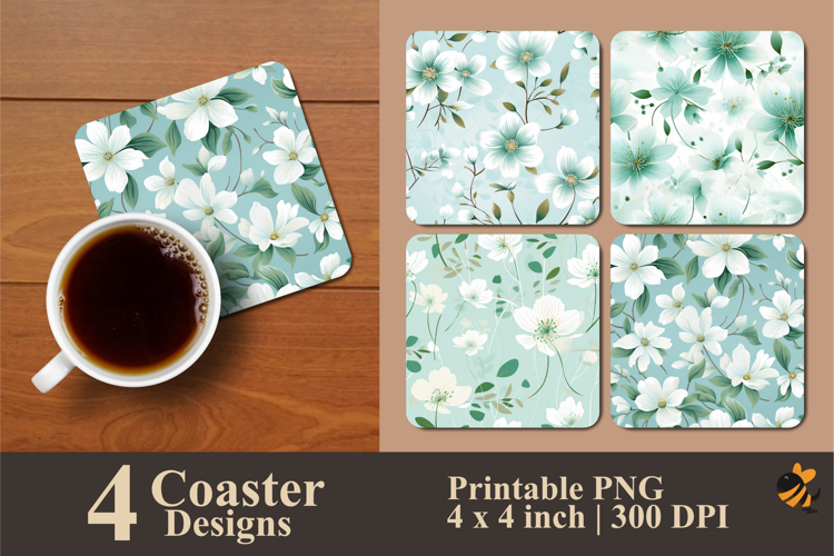 White Calm Flowers Coaster Sublimation Design