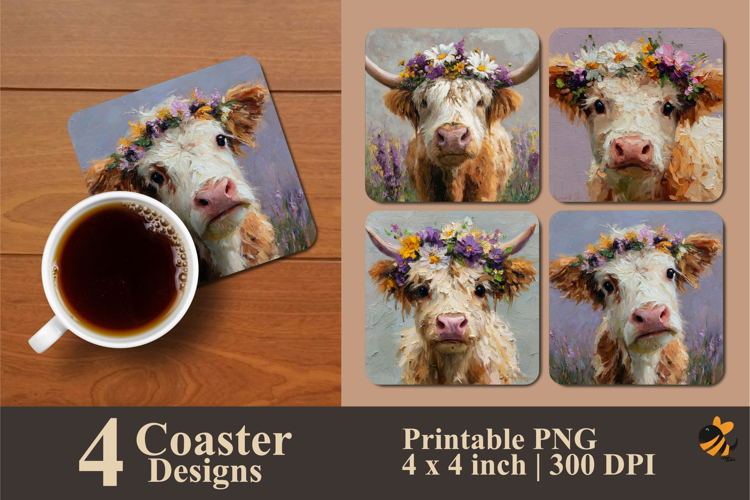 Watercolor Cow Coaster Sublimation Design