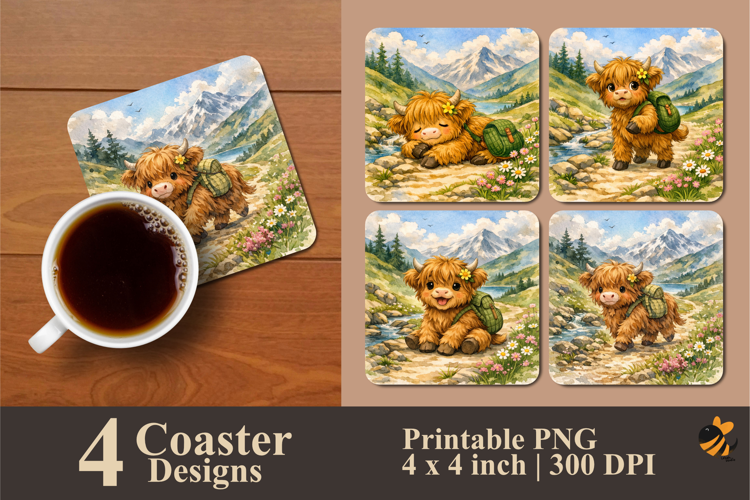 Highland Cow The Explorer Coaster Sublimation Design