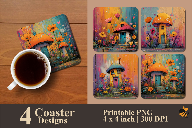 Mushroom House Coaster Sublimation Design