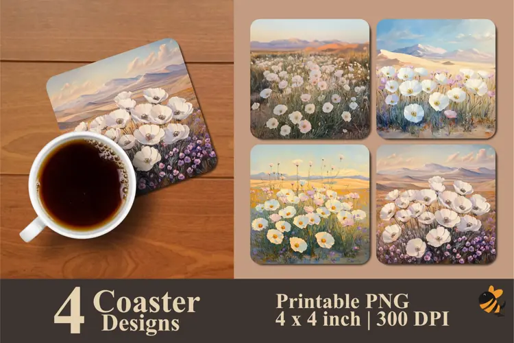 White Flowers Coaster Sublimation Design
