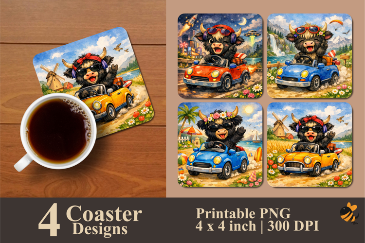Driving Cow Coaster Sublimation Design
