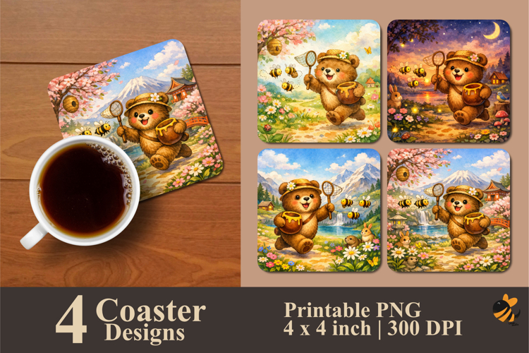 Bear Chasing Bee Coaster Sublimation Design