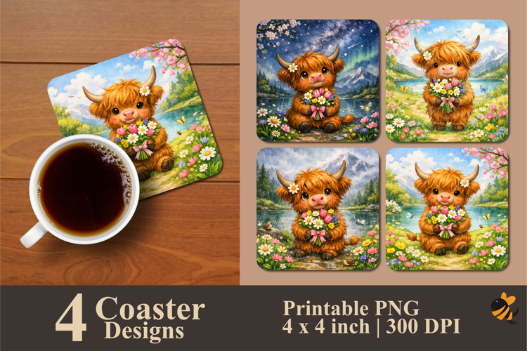 Highland Cow Holding Flower Coaster Sublimation Design