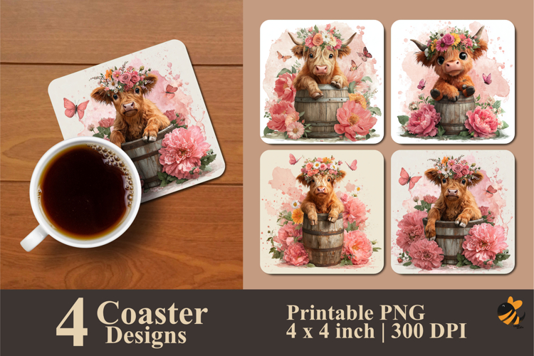 Lovely Flower Cow Coaster Sublimation Design