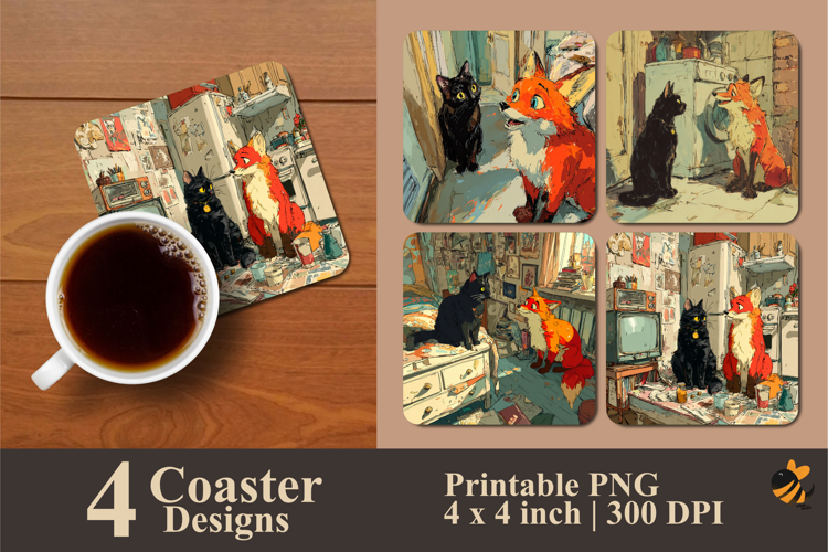 Wolf and Cat Coaster Sublimation Design