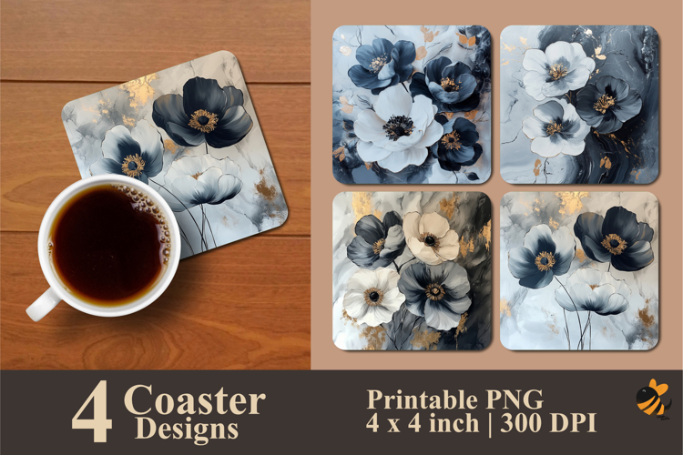 Gray Flowers Coaster Sublimation Design