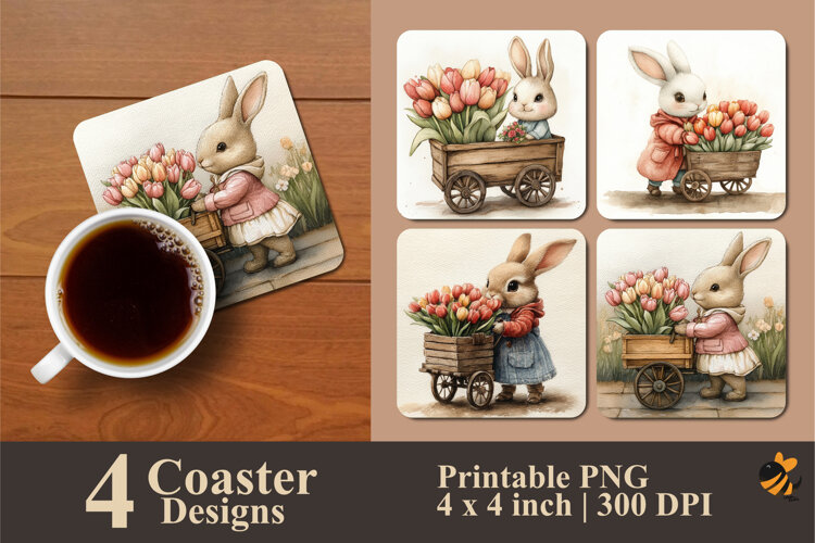 Flower Seller Bunny Coaster Sublimation Design example image 1