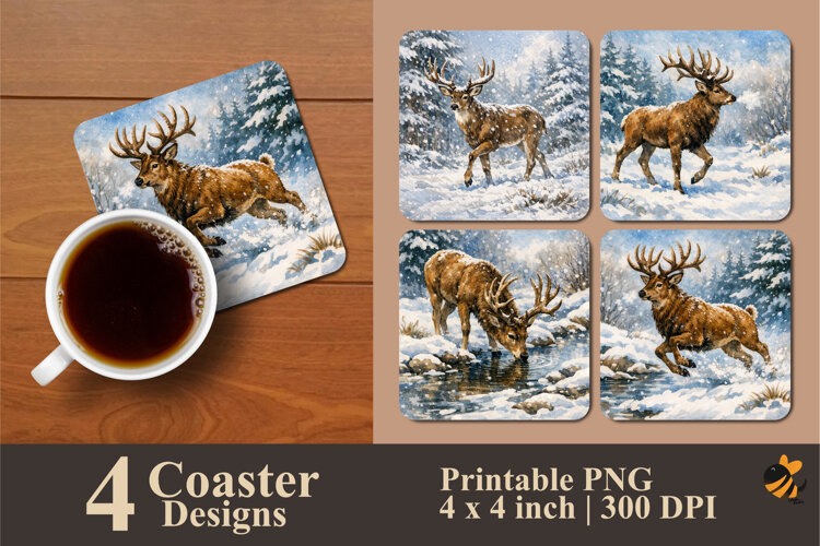 Winter Horned Deer Coaster Sublimation Design example image 1