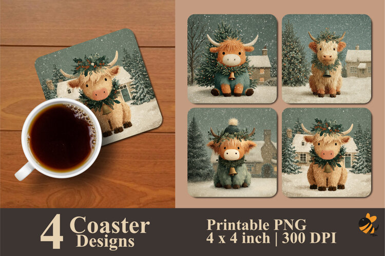 Cute Winter Cow Coaster Sublimation Design example image 1