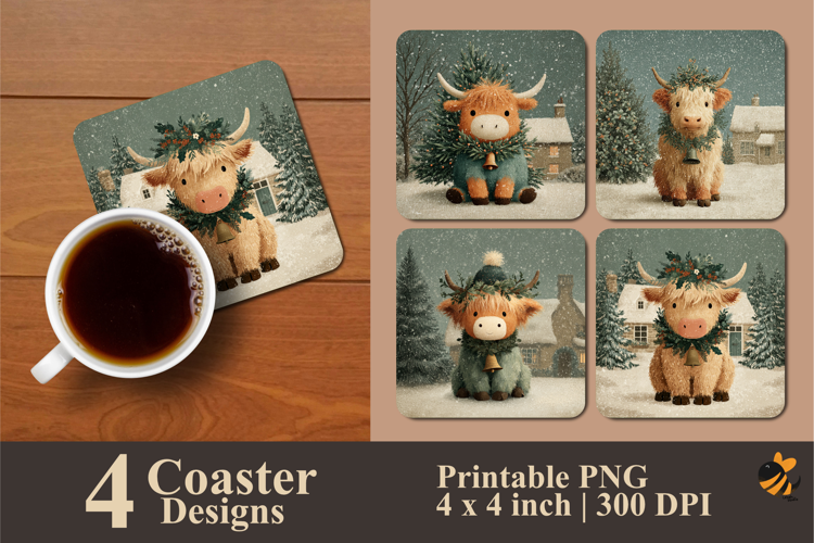 Cute Winter Cow Coaster Sublimation Design