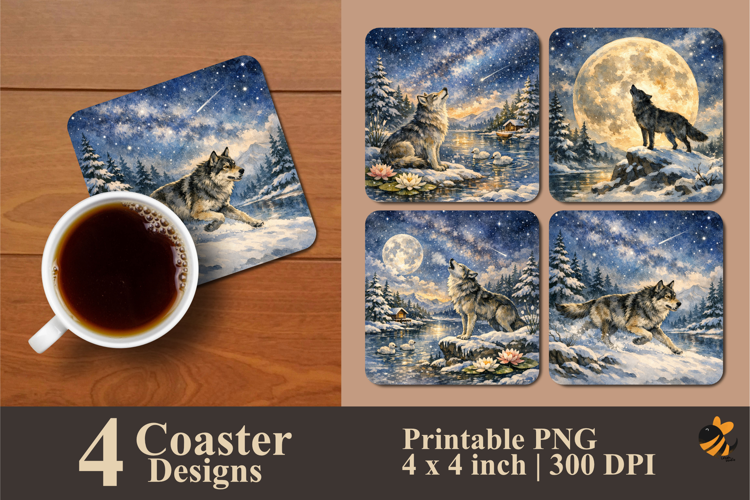Aurora Wolf Coaster Sublimation Design