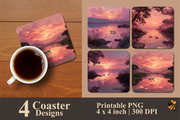 Two Swans Swimming Coaster Sublimation Design example image 1