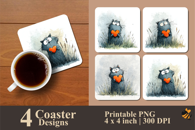 Cat Holding Heart Coaster Sublimation Design