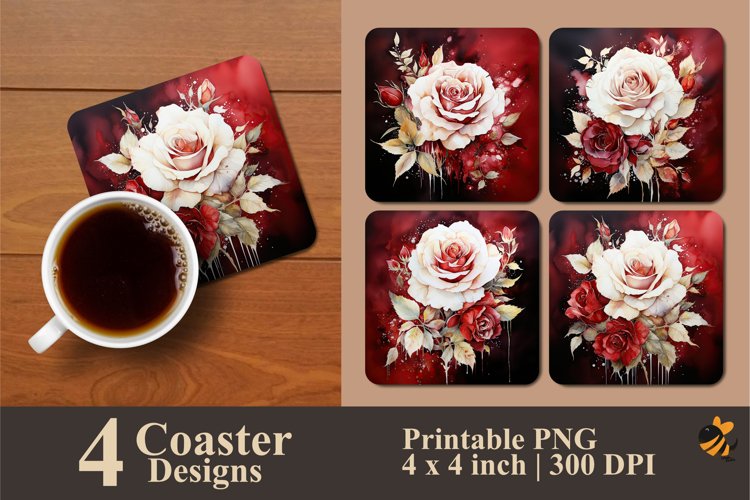 Beauty Dark Red Rose Coaster Sublimation Designs