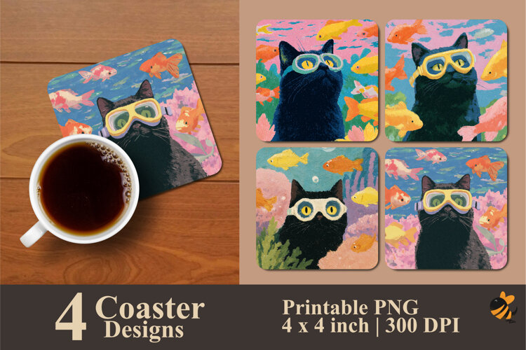 Swimming Cat Coaster Sublimation Design example image 1