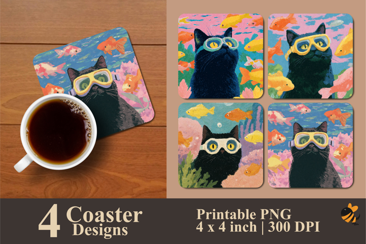 Swimming Cat Coaster Sublimation Design