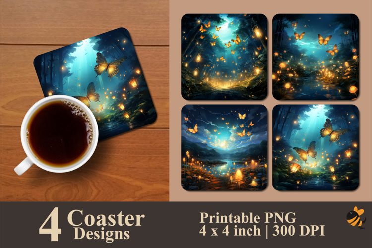 Luminous Butterflies Coaster Sublimation Design