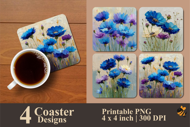 Watercolor Blue Flowers Coaster Sublimation Design