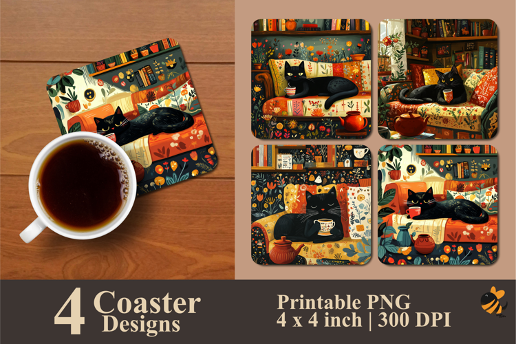 Coffee Cat Coaster Sublimation Design
