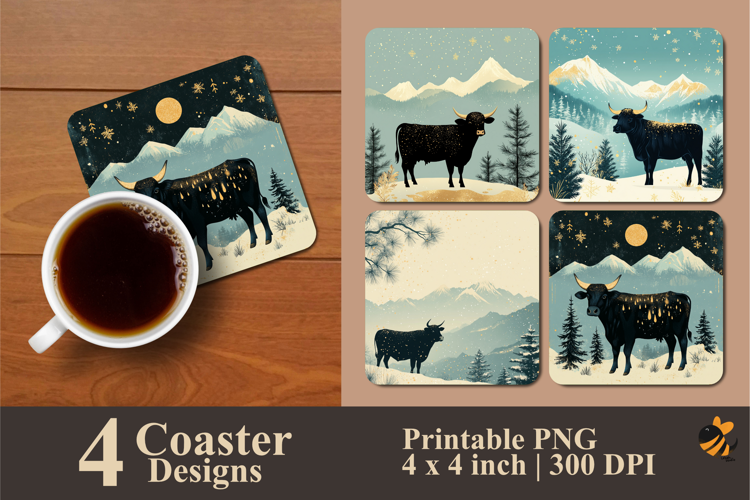 Mountain Cow Coaster Sublimation Design