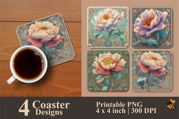 Elegant Peony Flower Coaster Sublimation Design