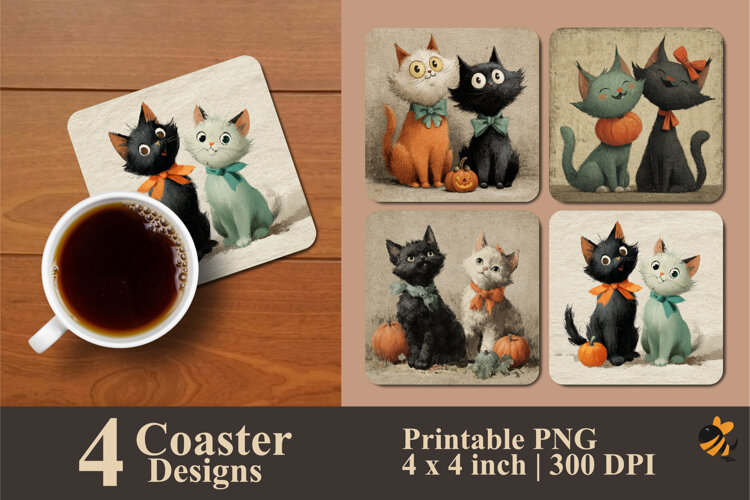 Two Cute Cats Coaster Sublimation Design example image 1