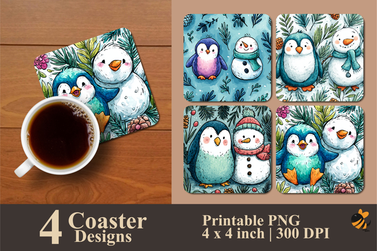 Penguin Snowman Coaster Sublimation Design