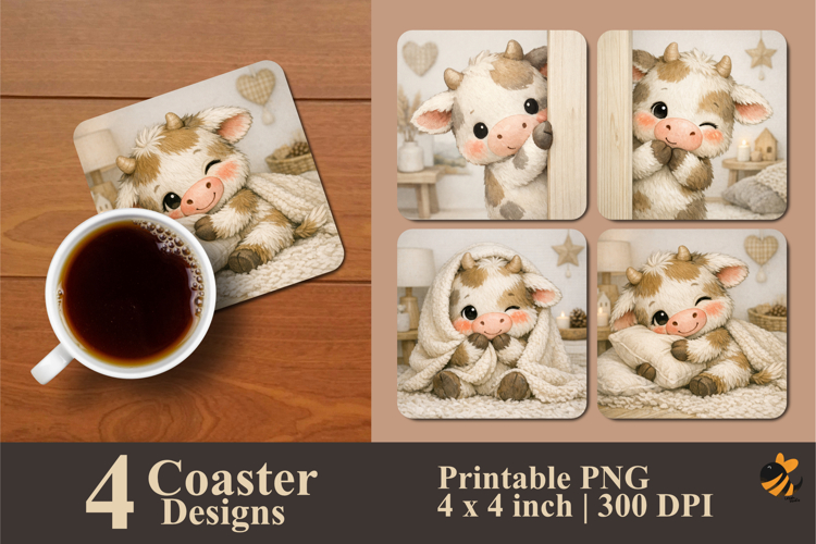 Shy Cute Cow Coaster Sublimation Design