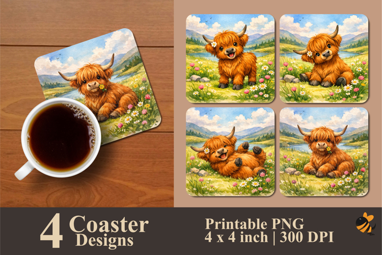 Joyful Highland Cow Coaster Sublimation Design
