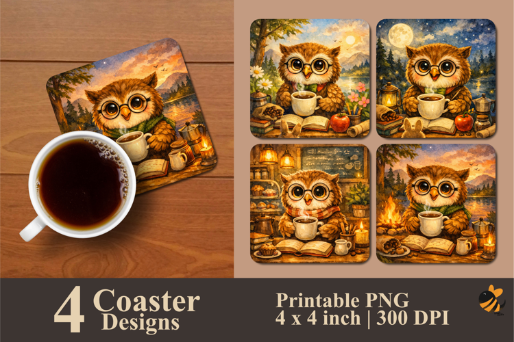 Cozy Owl Coffee Coaster Sublimation Design