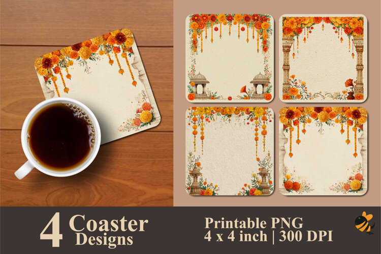 Warm Festive Mehndi Invite Coaster Sublimation Design example image 1
